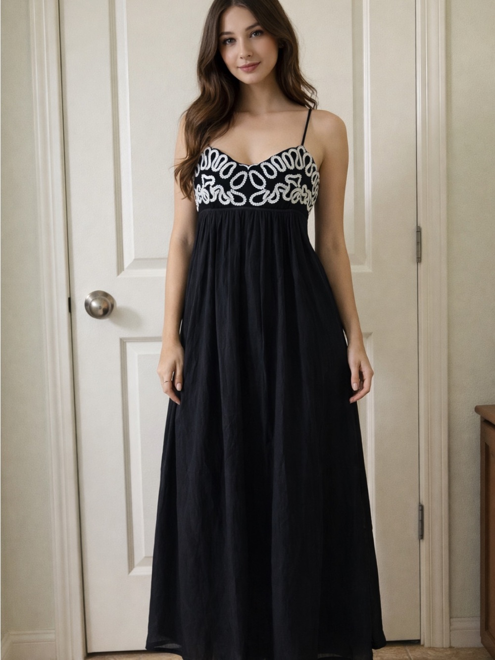 a new day Black Maxi Dress with White Embroidered Bodice XS perfect for Summer